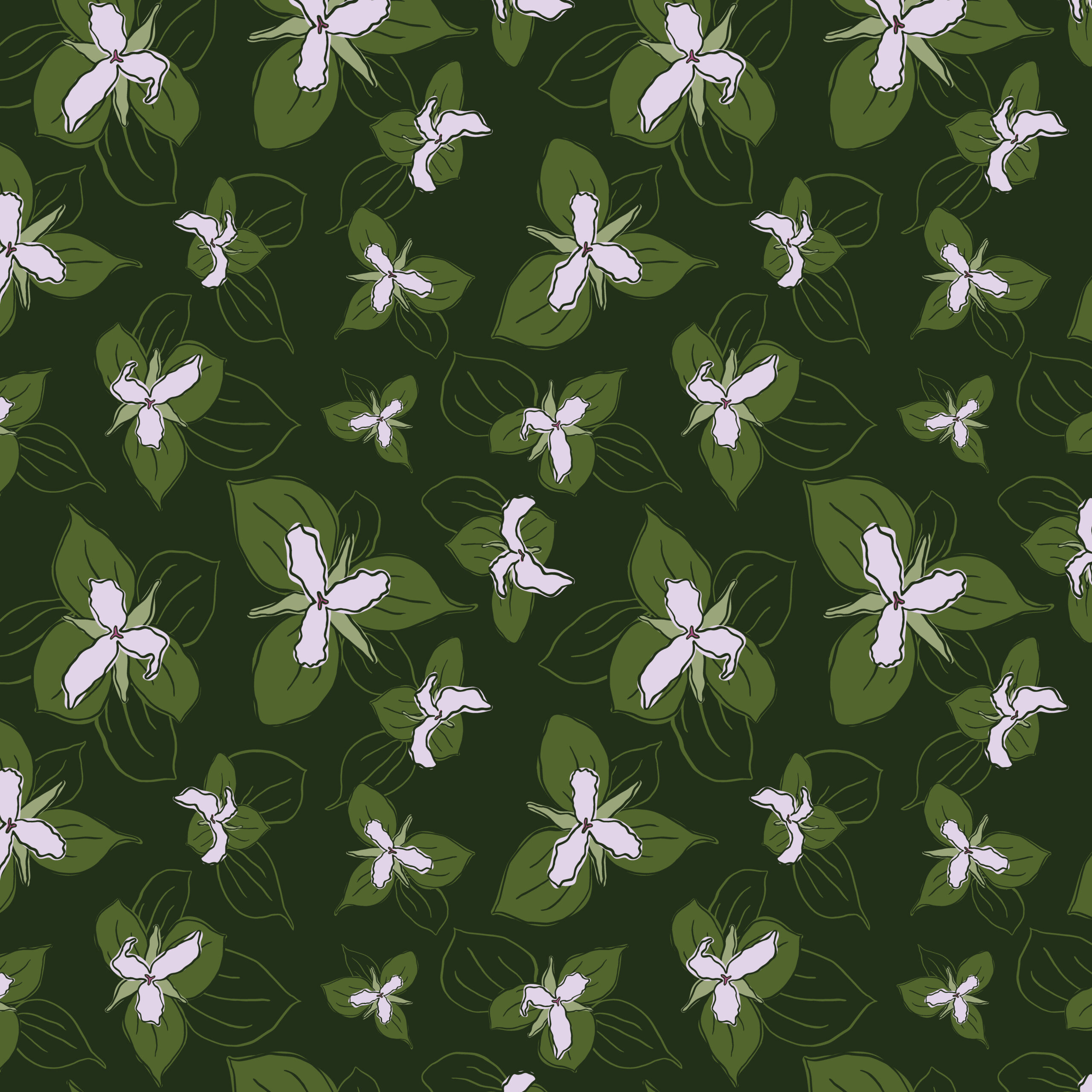 green and light pink trillium flowers scattered across a dark green background