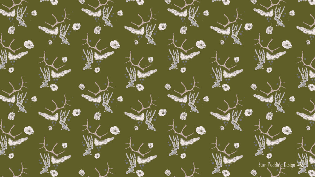 The bones and poppies pattern as a computer screen wallpaper download.