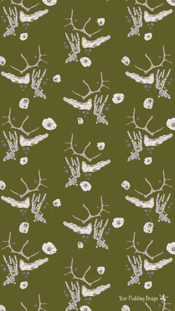 The bones and poppies pattern as a phone screen wallpaper download.