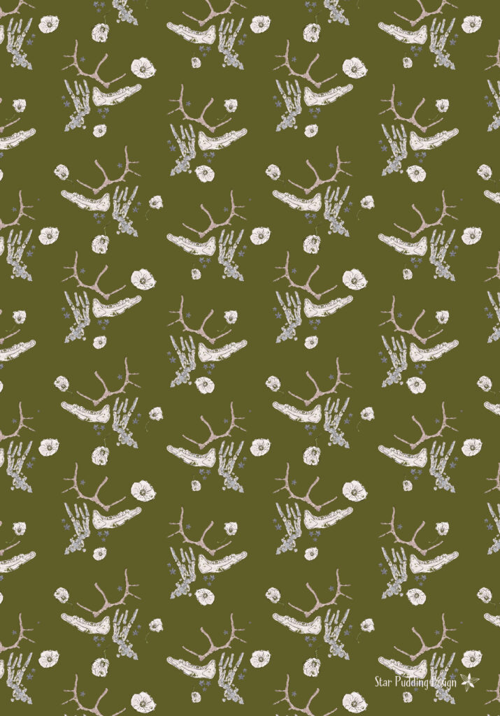 The bones and poppies pattern as a tablet screen wallpaper download.