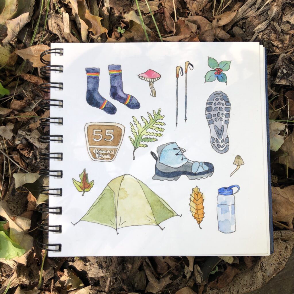 A page of a sketchbook with the watercolor painted motifs for the camping trip pattern.
